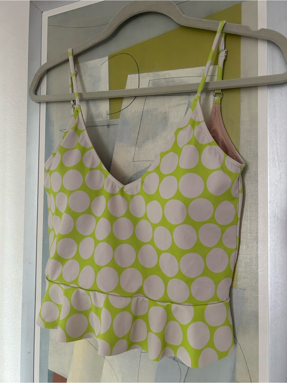 Kortni Jeane Scoop back top Lime Green white polka dots